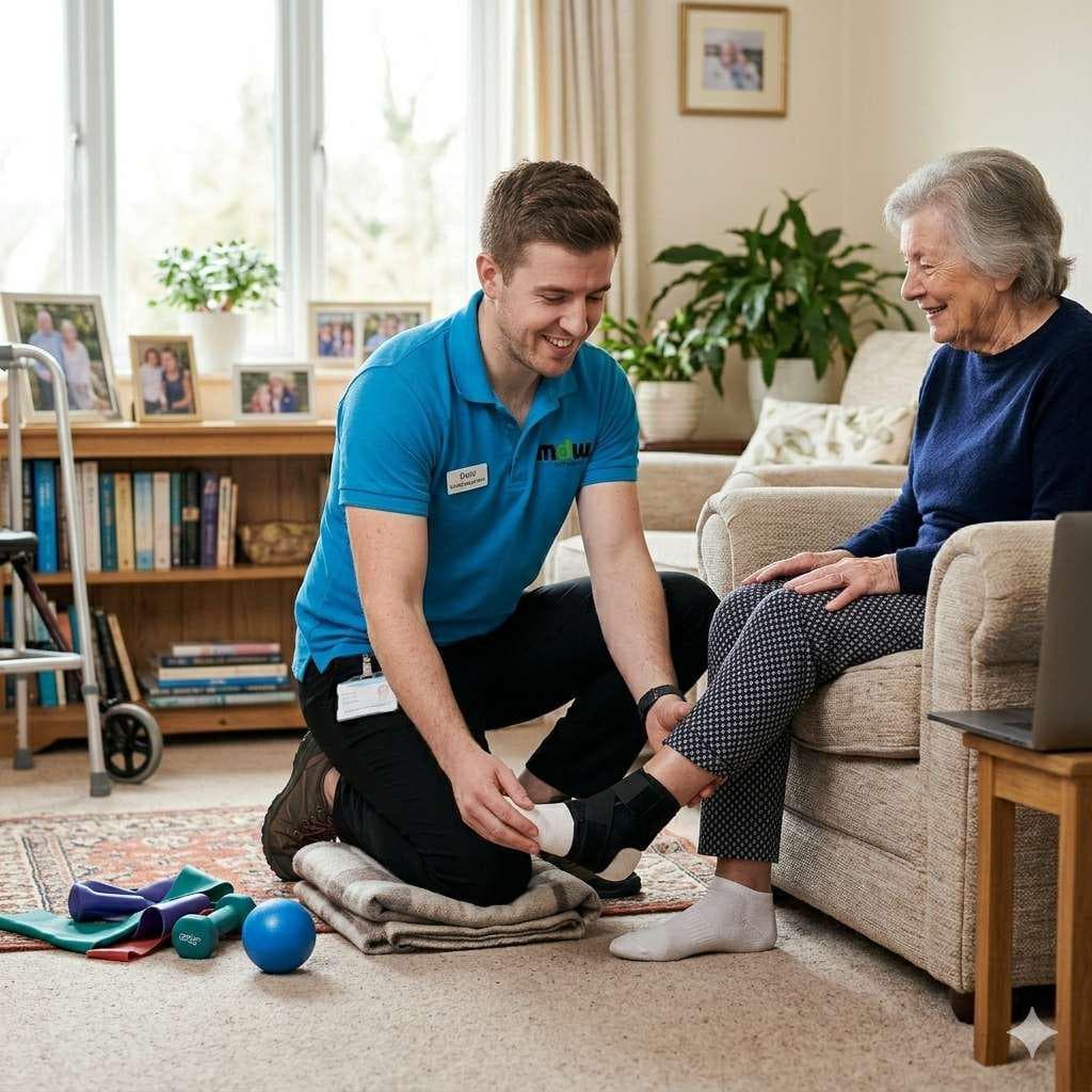 MDW physiotherapist fitting an ankle brace on a client at home.