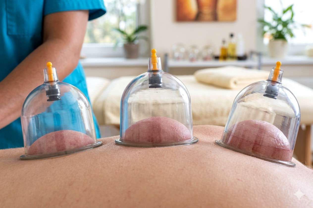 Dry cupping therapy session with three cups placed on a client's back.