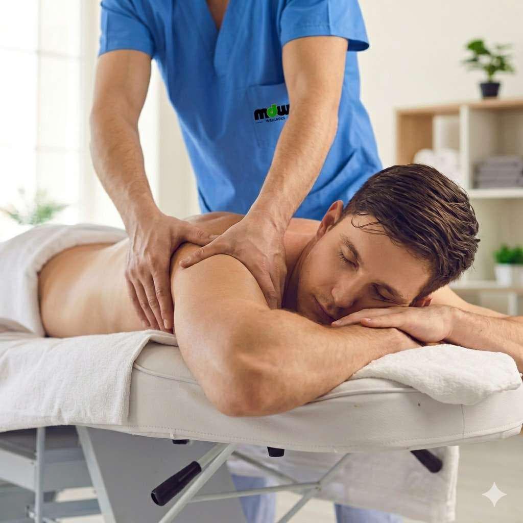 MDW massage therapist working on a client's shoulders during a relaxation massage.