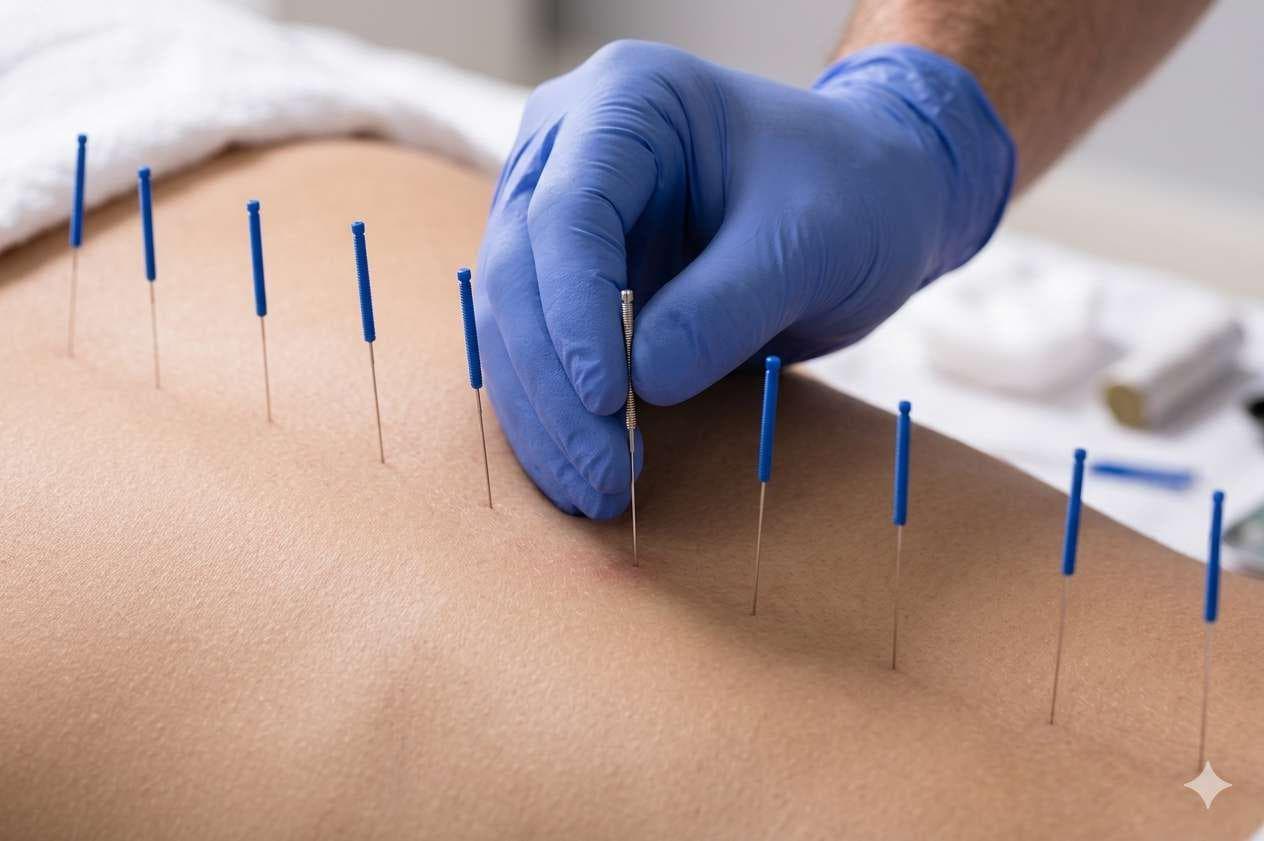 Acupuncture session with multiple thin needles placed along the back.
