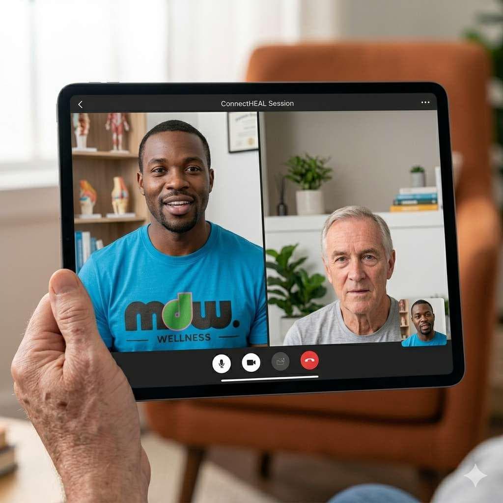 MDW physiotherapist on a tablet video consultation with a senior client at home.