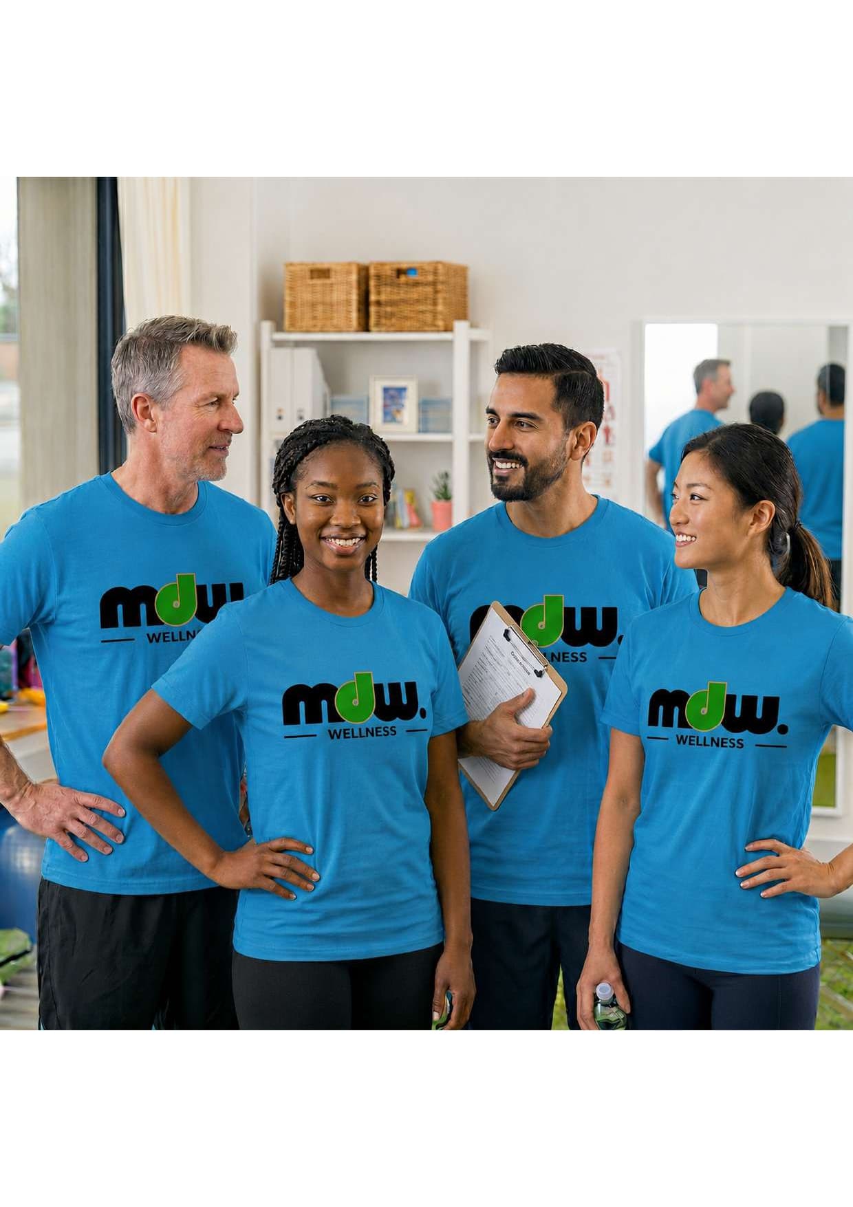 The MDW Wellness team of physiotherapists in branded shirts at a wellness studio.